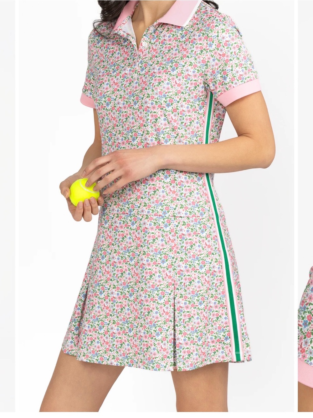 Pink Floral Mini Polo Dress with Green Stripe
